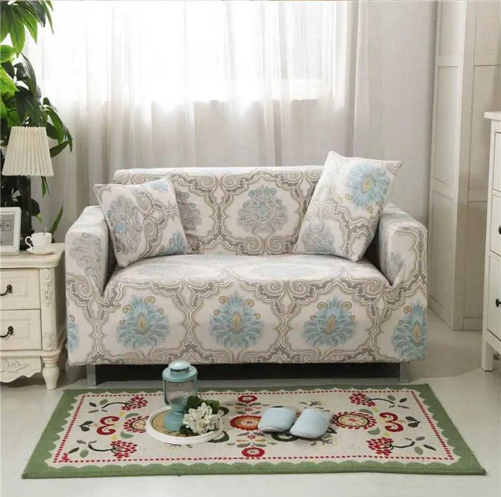 Pokrowiec na sofę beżowo niebieski komplet na sofę i fotel