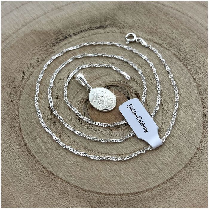 Srebrny Łańcuszek + Medalik 925 Prezent Dla Dziewczynki Na Komunię + G