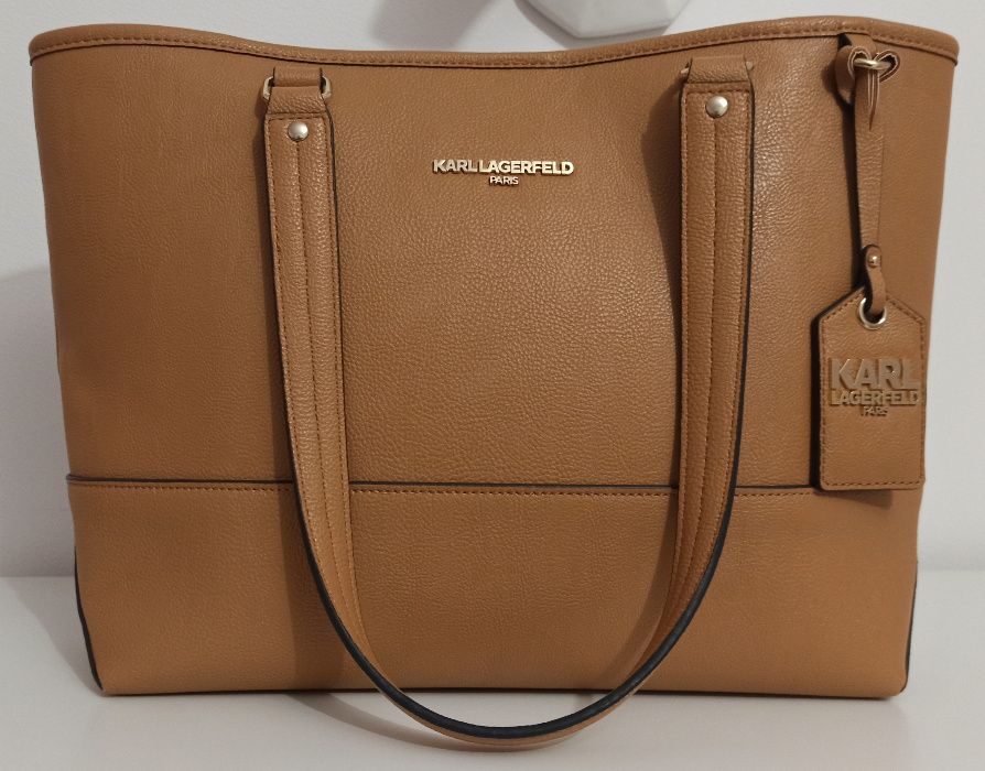 KARL LAGERFELD Oryginalna Tote Torba Torebka Brelok Camel Karmelowa