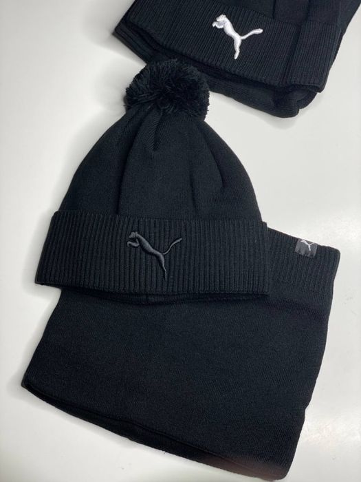 Мужская шапка PUMA с баффом НА ФЛИСЕ зимняя утепленная черная Пума