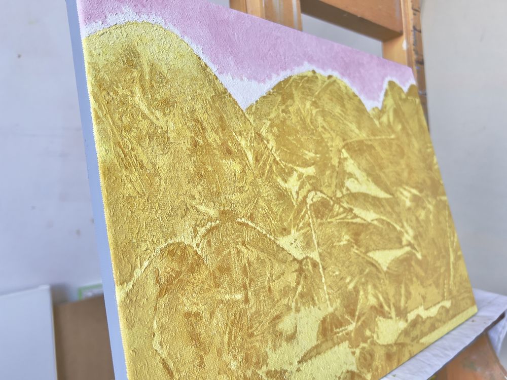 Картина , стилізований пейзаж , олійними фарбами, золоті гори