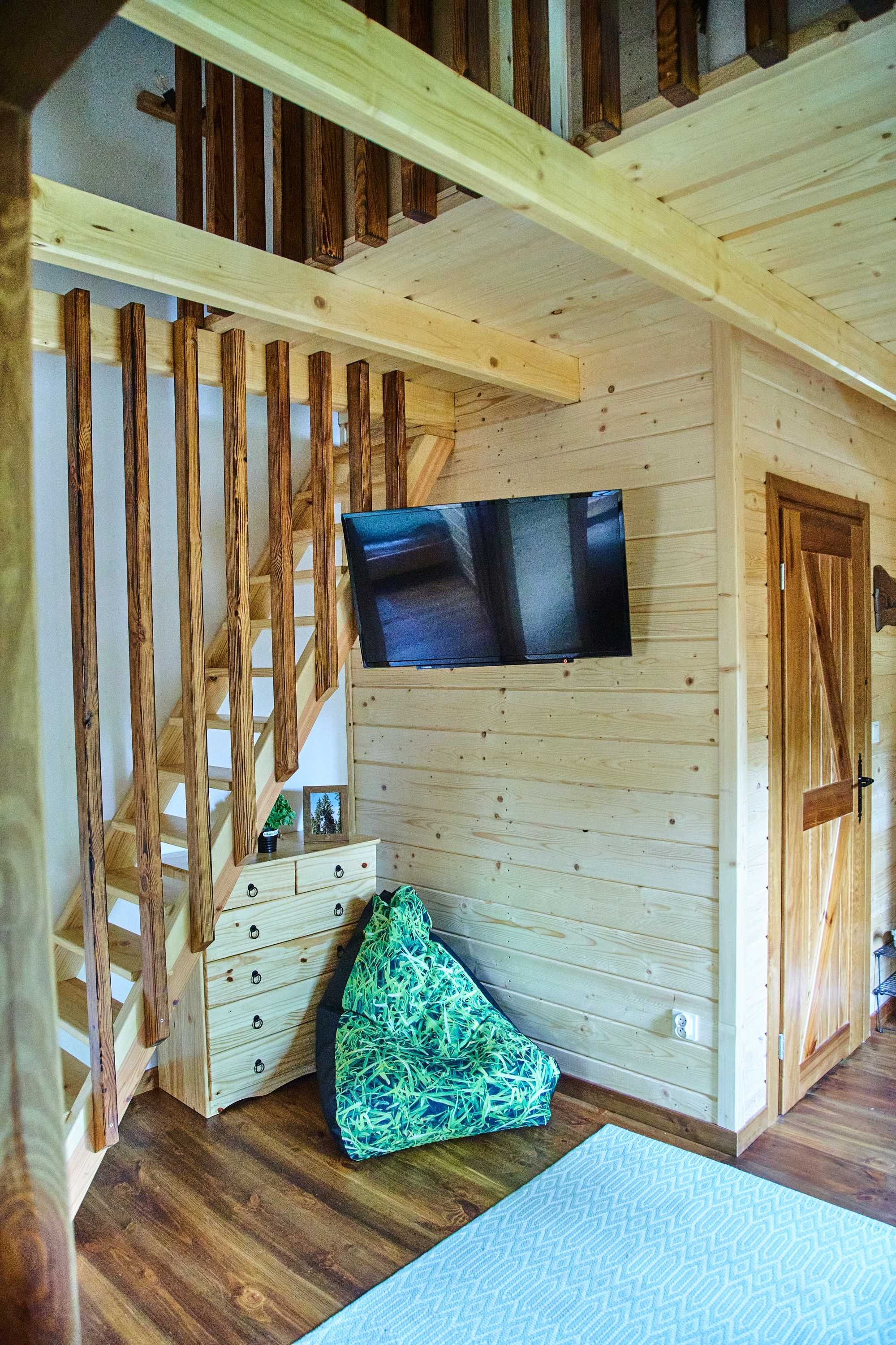 Domek z sauną i banią Polana Świerkowa nad jeziorem wakacje Okuninka