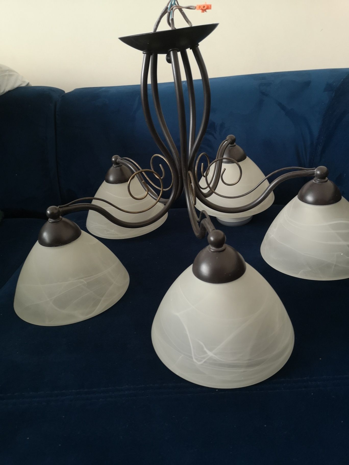 Lampa 5 pięciopunktowa retro brąz złoto szklane Klosze