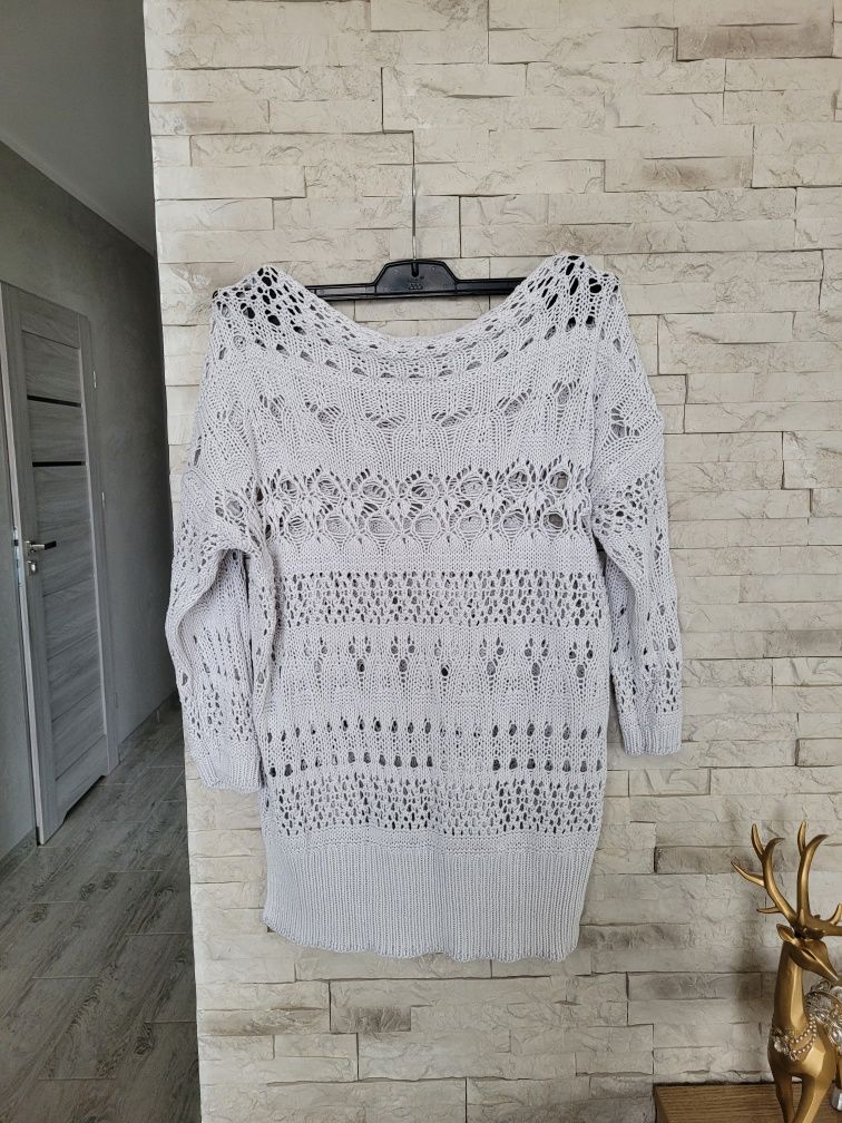 Biały dzianinowy lekki sweter z dziurami tył dłuższy Next M/L bawełna
