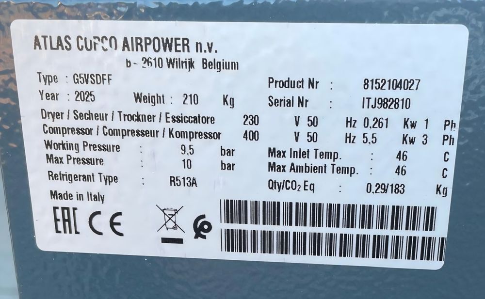 Kompresor sprężarka śrubowa Atlas Copco G5VSD FF 10/200