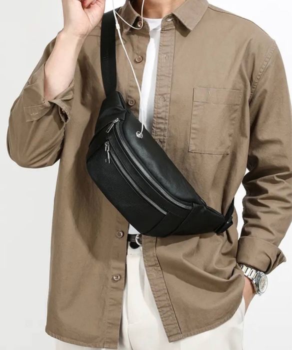 Мужская кожаная сумка через плечо бананка чоловіча шкіряна сумка