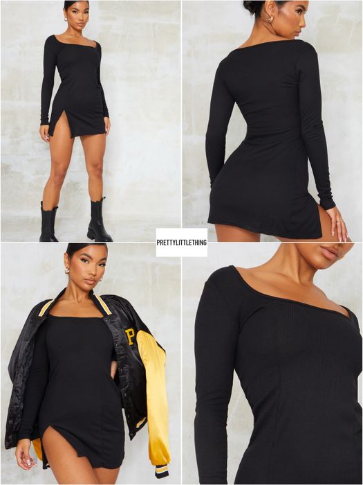 Платье в рубчик с длинными рукавами разрезом на ноге prettylittlething