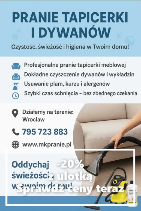 Pranie tapicerki i dywanów Dojazd 0zł Niskie ceny!