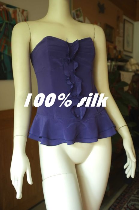 jedwabny fioletowy gorset M&S elegancki falbanki retro baskinka top