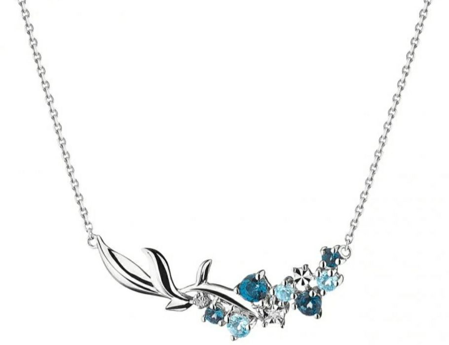 Naszyjnik z białego złota z diamentami i topazami - liście - próba 375