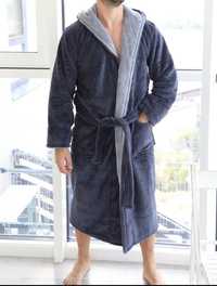 Чоловічий махровий сірий халат з двома глибокими кишенями та капюшоном