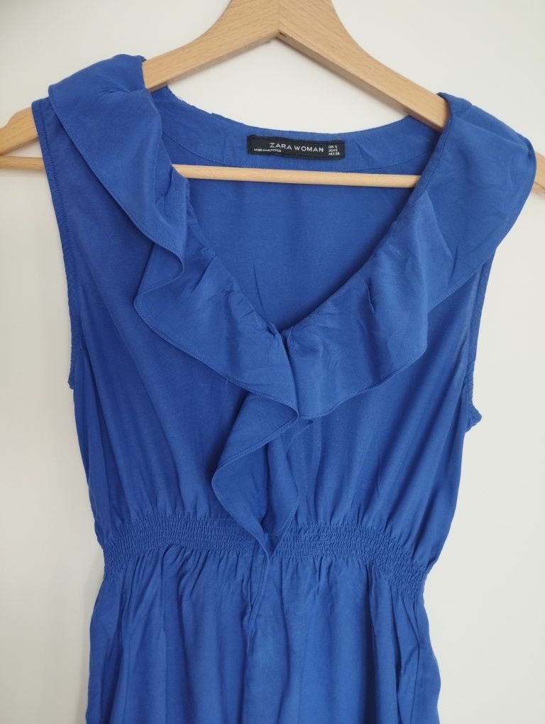 Sukienka ZARA mini midi, letnia zwiewna, S/XS niebieska, kobieca falba