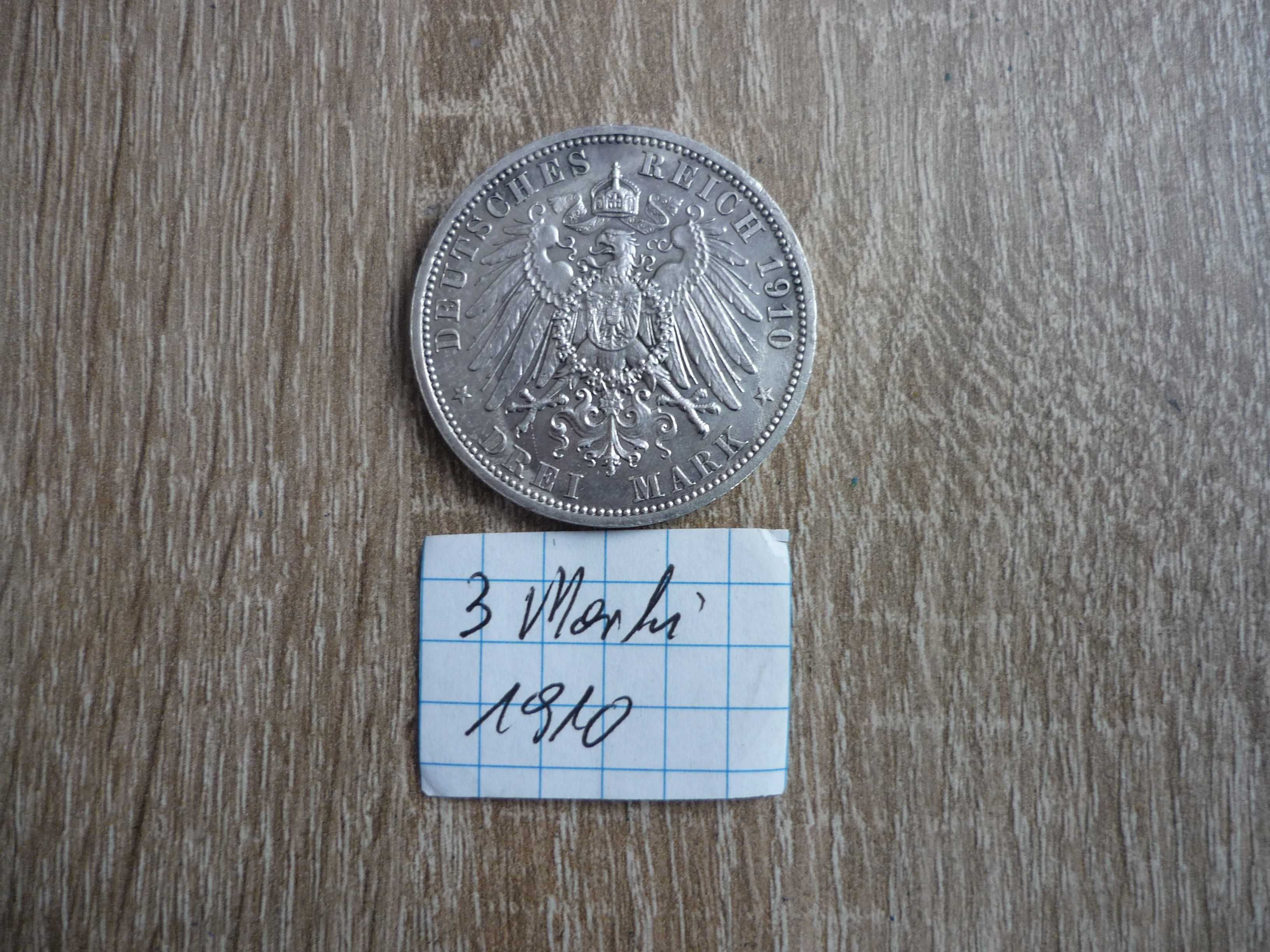 Moneta 3 Marek 1910 r. Wilhelm II Niemcy srebro mennica A