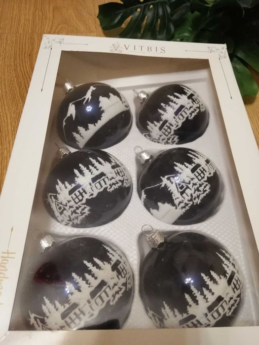 NOWE!Szklane,granatowe bombki choinkowe,ręcznie malowane-POLSKIE!6 szt