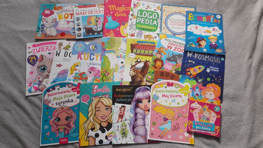 Kolorowanki, naklejanki, łamigłówki NOWE zestaw 18szt.