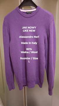 Alessandro Neri  Męski włoski sweter wełniany, 80% Wełna, Rozmiar L