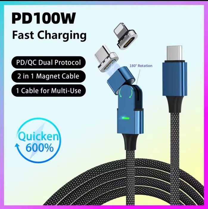 5А 100Вт Магнитный Светодиодный кабель type-C/Lightning PD QC3.0/4.0