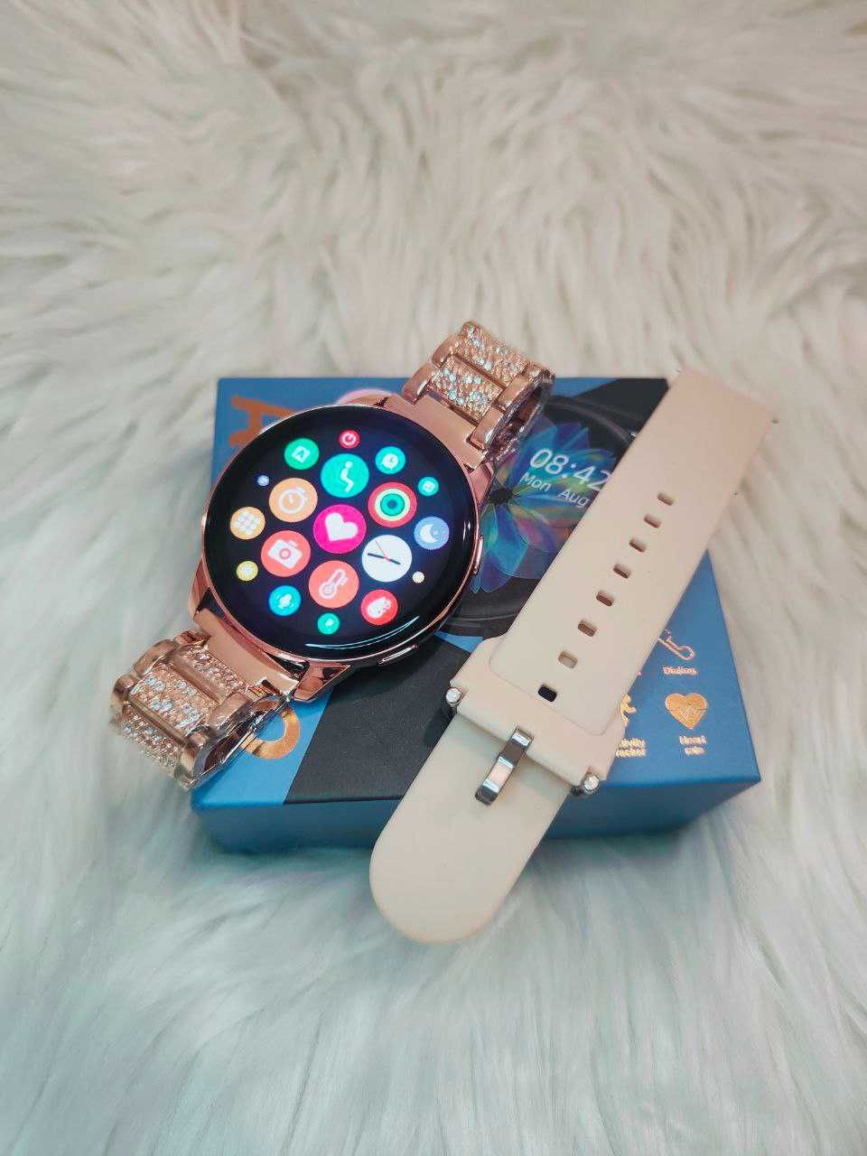 Nowy Smart Watch T2Pro z Okragla Tarcze Damski Zloty Pasek