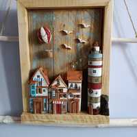 Obraz morski drewniany domki latarnia hand made dekoracja
