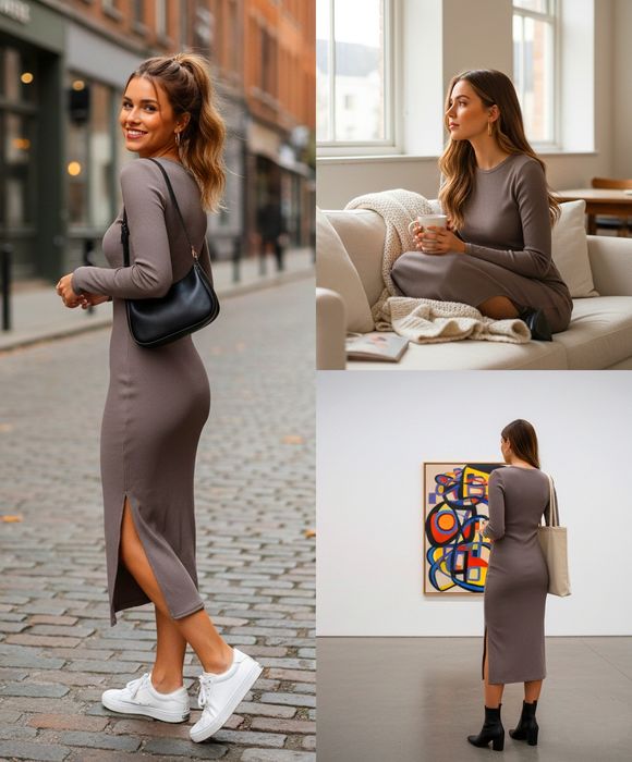 Шикарна утеплена міді сукня кольору мокко