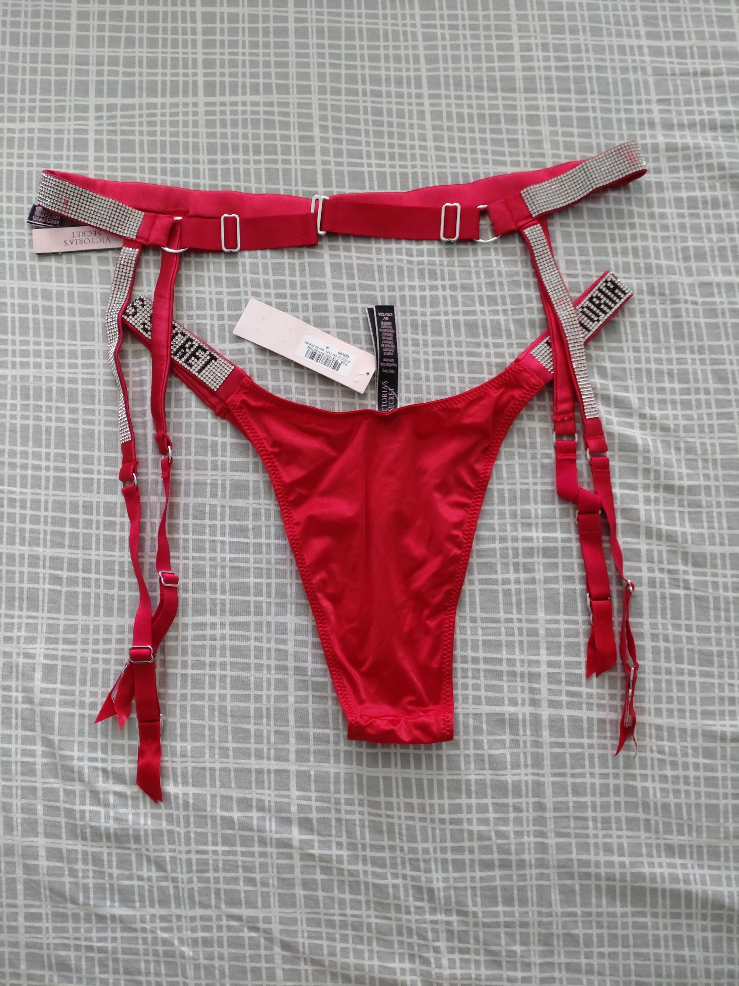 Komplet Victoria’s Secret M/L pas do ponczoch M brazyliany czerwony