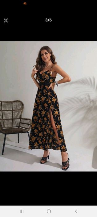 Czarna sukienka długa na ramiączkach w kwiaty ażurowa maxi