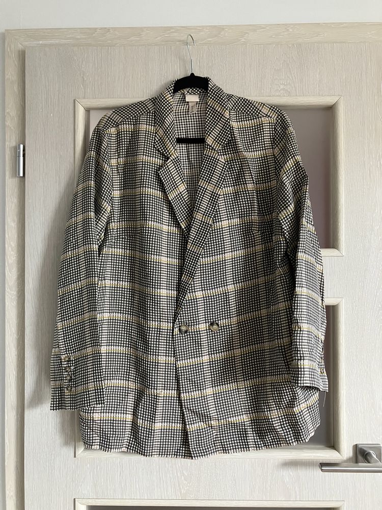 marynarka w krstke h&m szara żółta