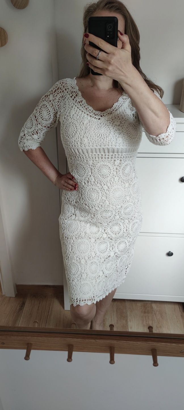 Biała letnia sukienka ażurowa z podszewką M 38 L 40 Principles boho