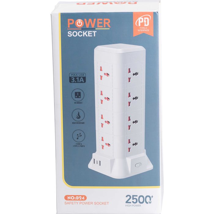 Мережевий фільтр-подовжувач TOWER 12 розеток LED-лампа 3USB + 1PD 2,8m