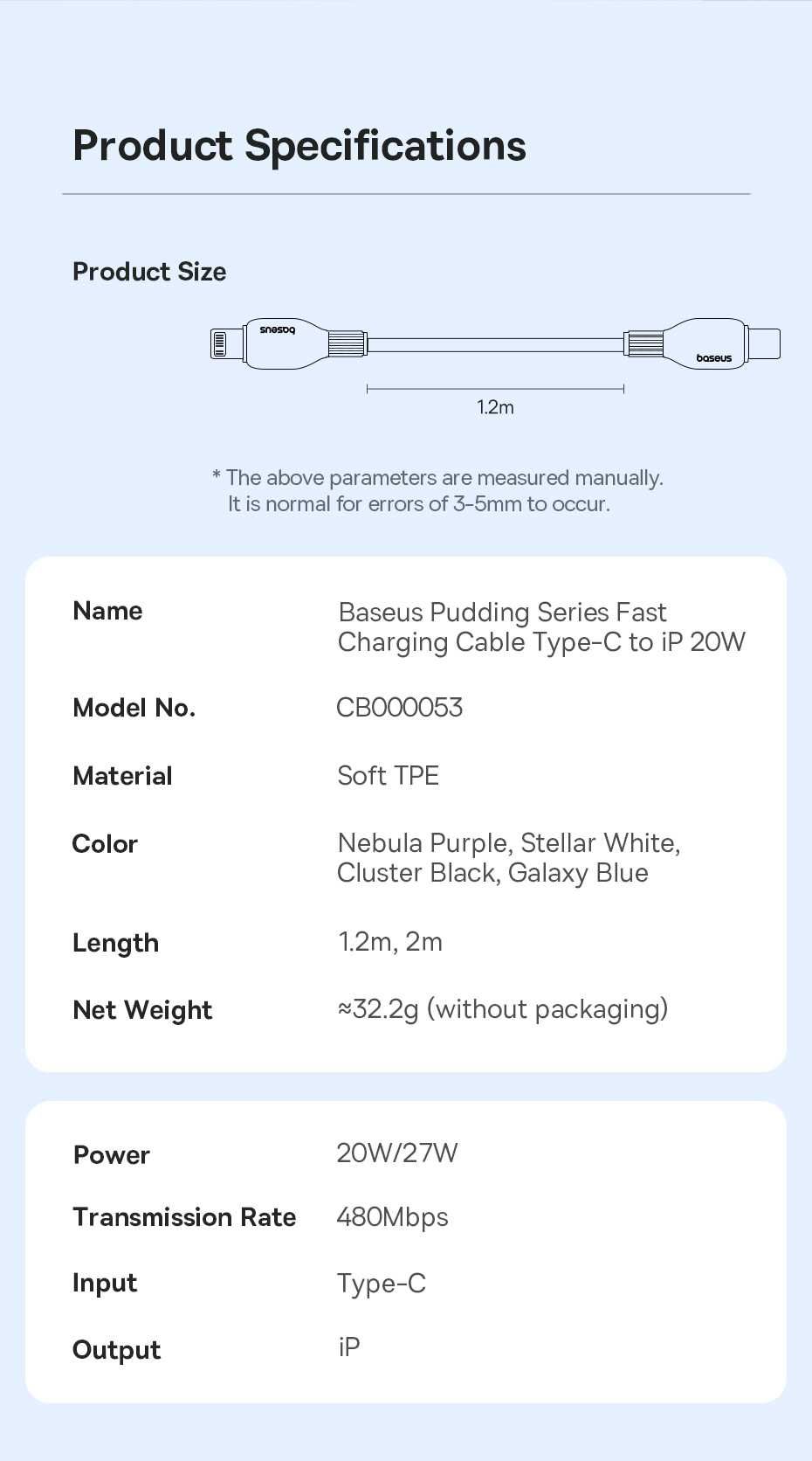 Кабель Baseus iPhone айфон USB-C-Lightning силикон PD 20-27W 1.2-2.0m