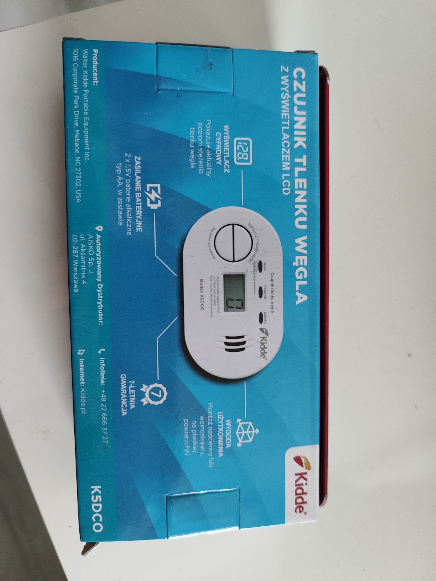 Czujnik tlenku węgla. Z wyświetlaczem LCD, firmy Kidde.