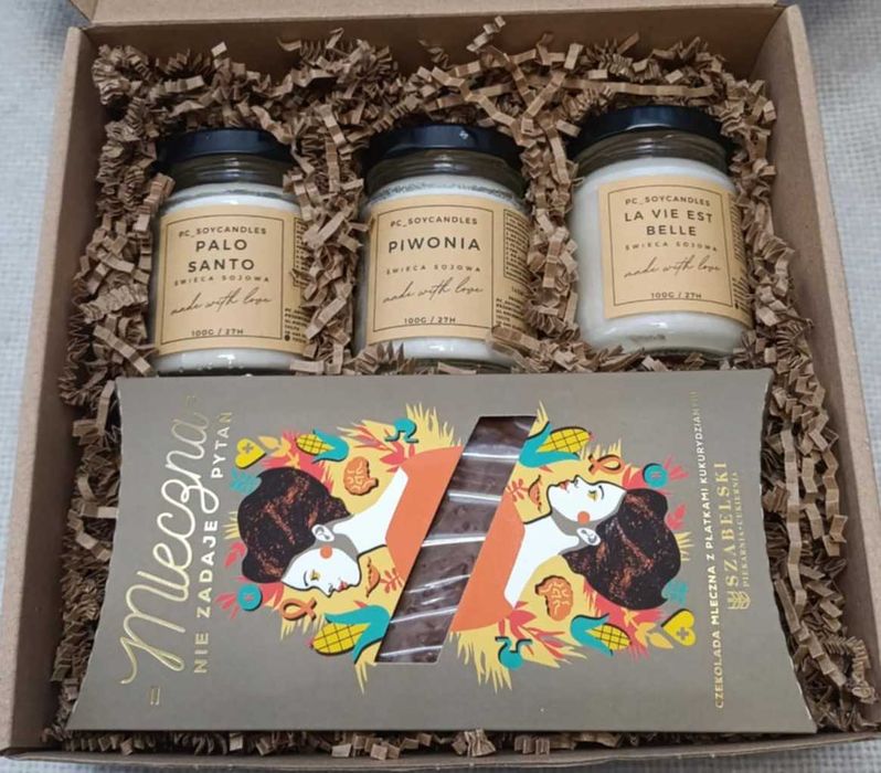 Zestaw Prezentowy 3x Świeca Sojowa 143ml + Czekolada z płatkami Kukury