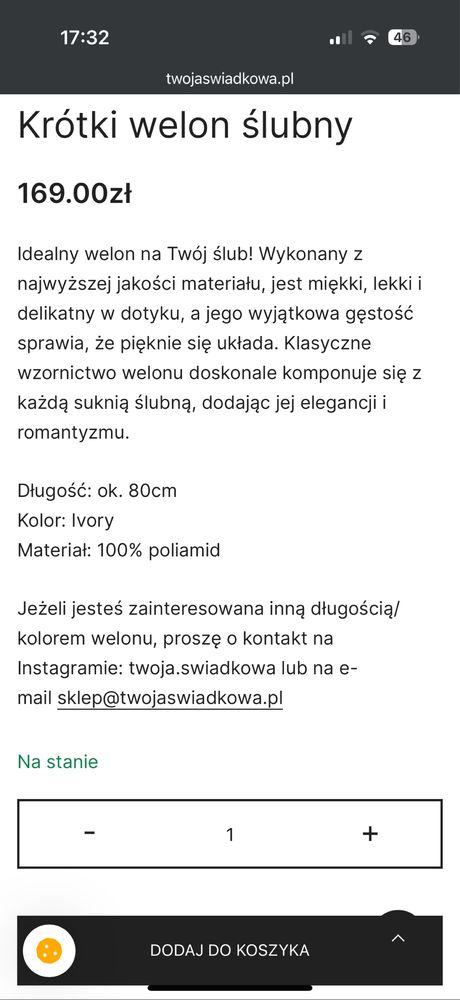 Nowy, krótki welon ślubny kolor Ivory Twoja świadkowa