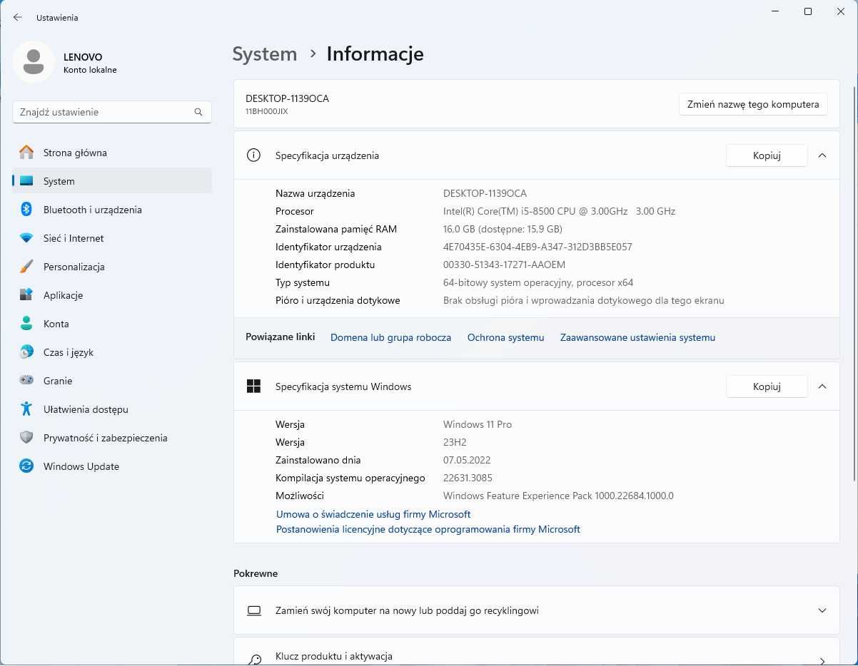 Komputer stacjonarny Lenovo U530 I5 8500 SSD256GB+HDD 16BRAM Gwarancja