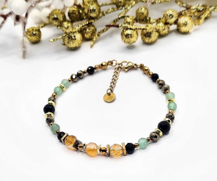 Bransoletka - Awenturyn, Cytryn, Piryt, Czarny turmalin - PVD