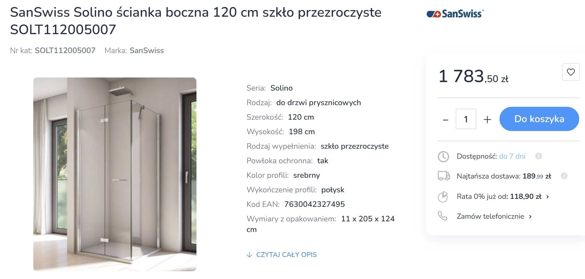 Ścianka prysznicowa boczna SanSwiss Solino 120 cm - SOLT