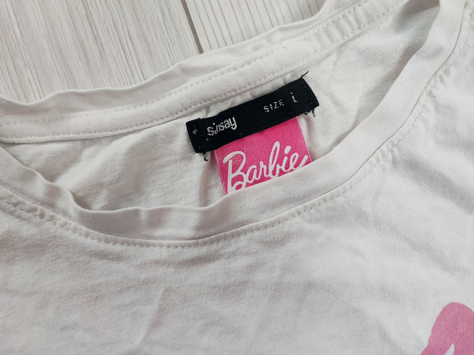 Koszulka Barbie T-Shirt oryginał napisy biała Sinsay L logo różowa