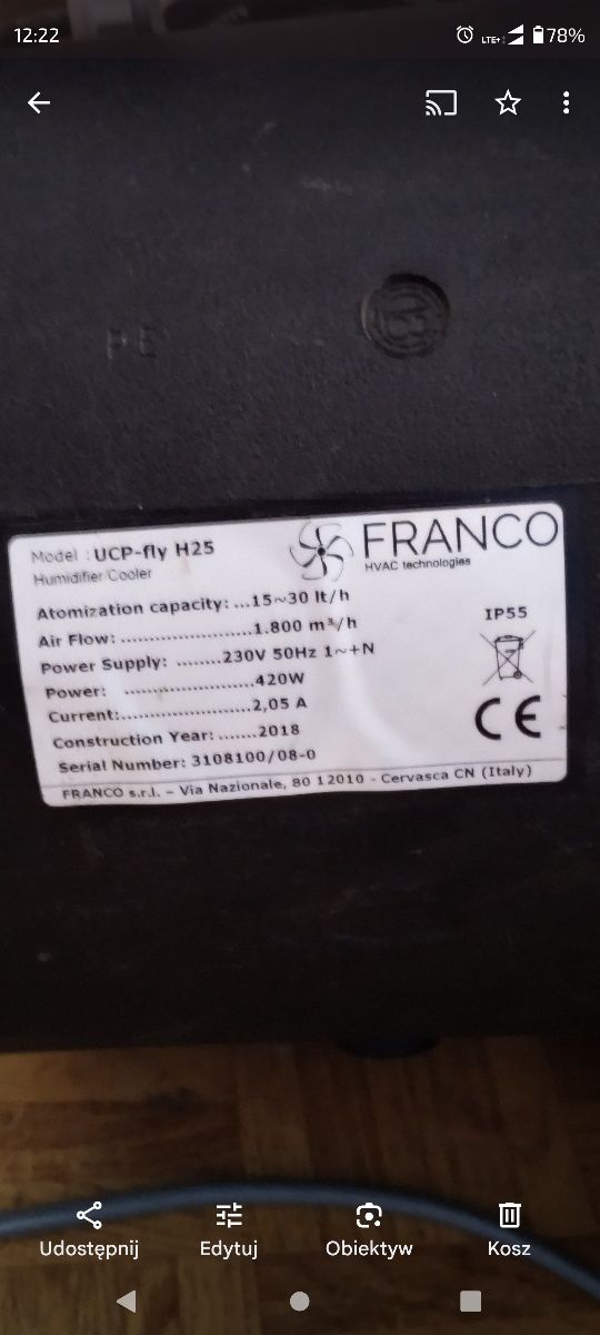 Nawilżacz powietrza Franco UPC-Fly H25