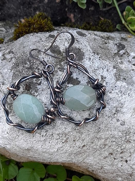 Kolczyki wire wrapping, miedź, awenturyn