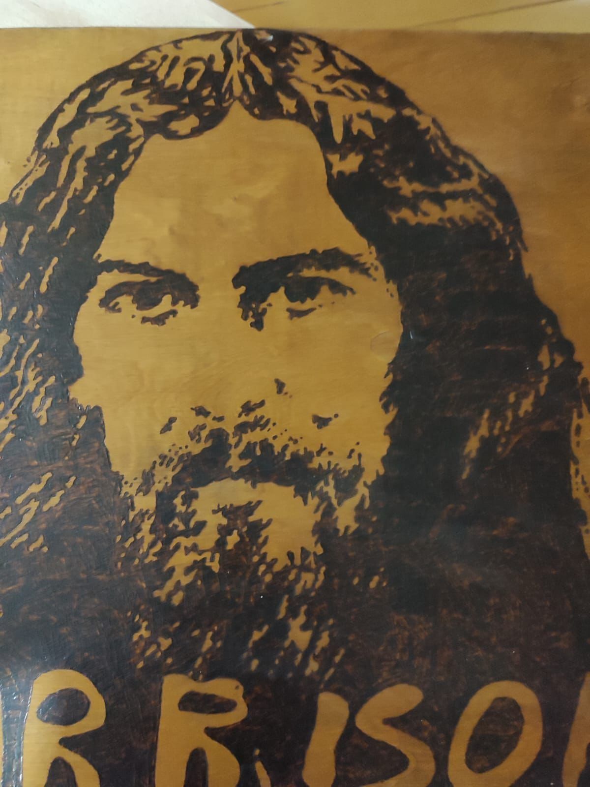 Stary unikatowy, ręcznie wypalany obraz Georgia Harisona z Beatlesów