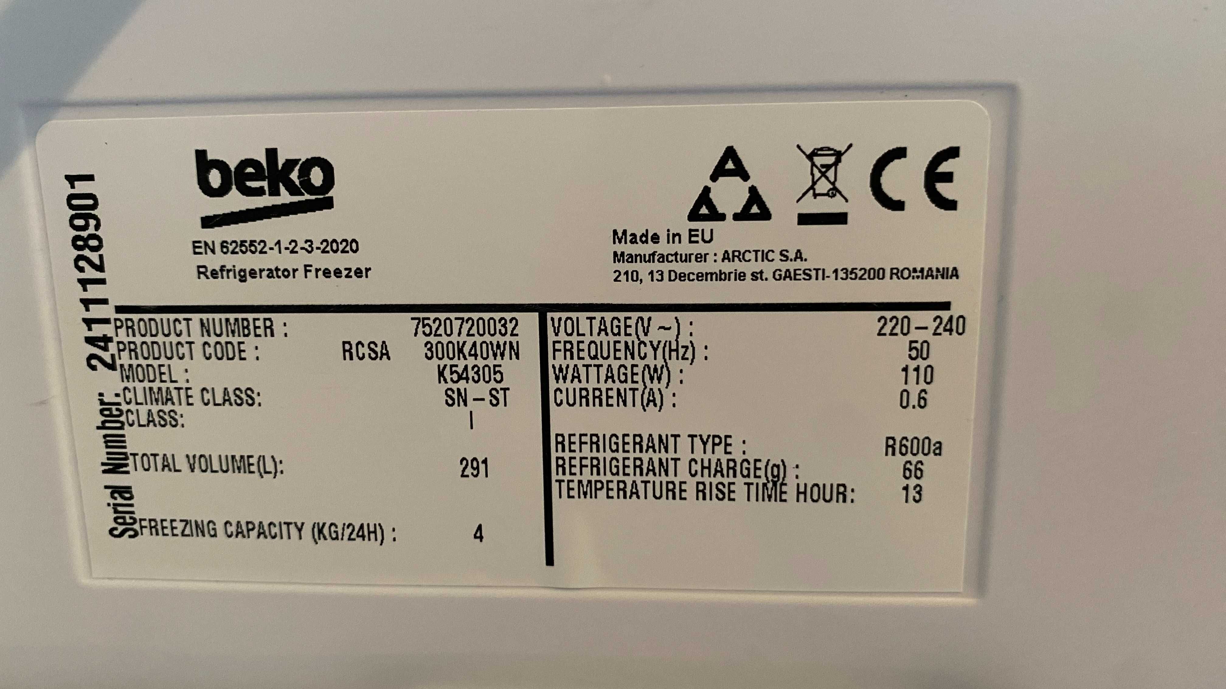 Lodówka Beko K54305 wysokość 180cm szerokość 54cm głębokość 57cm