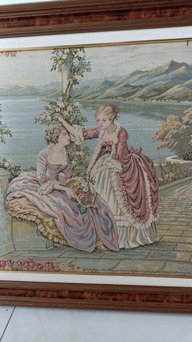 Quadro Gobelin / senhoras no jardim junto ao lago.