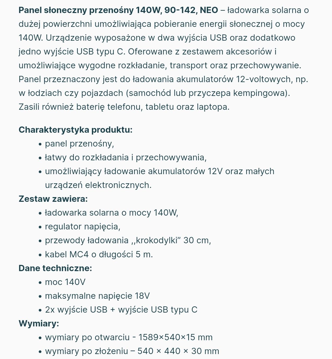 Panel słoneczny Neo 140w