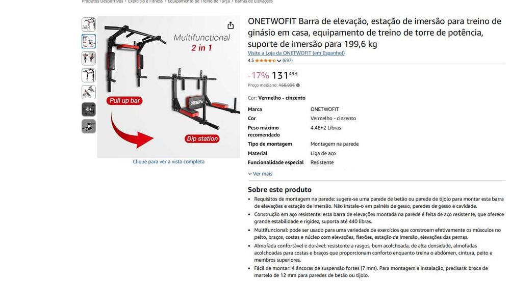 Estação de musculação de parede ONETWOFIT – COMO NOVA