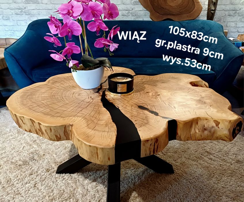 Stolik kawowy 105x83cm PIĘKNY OKAZ LIVE EDGE plaster drewna loft