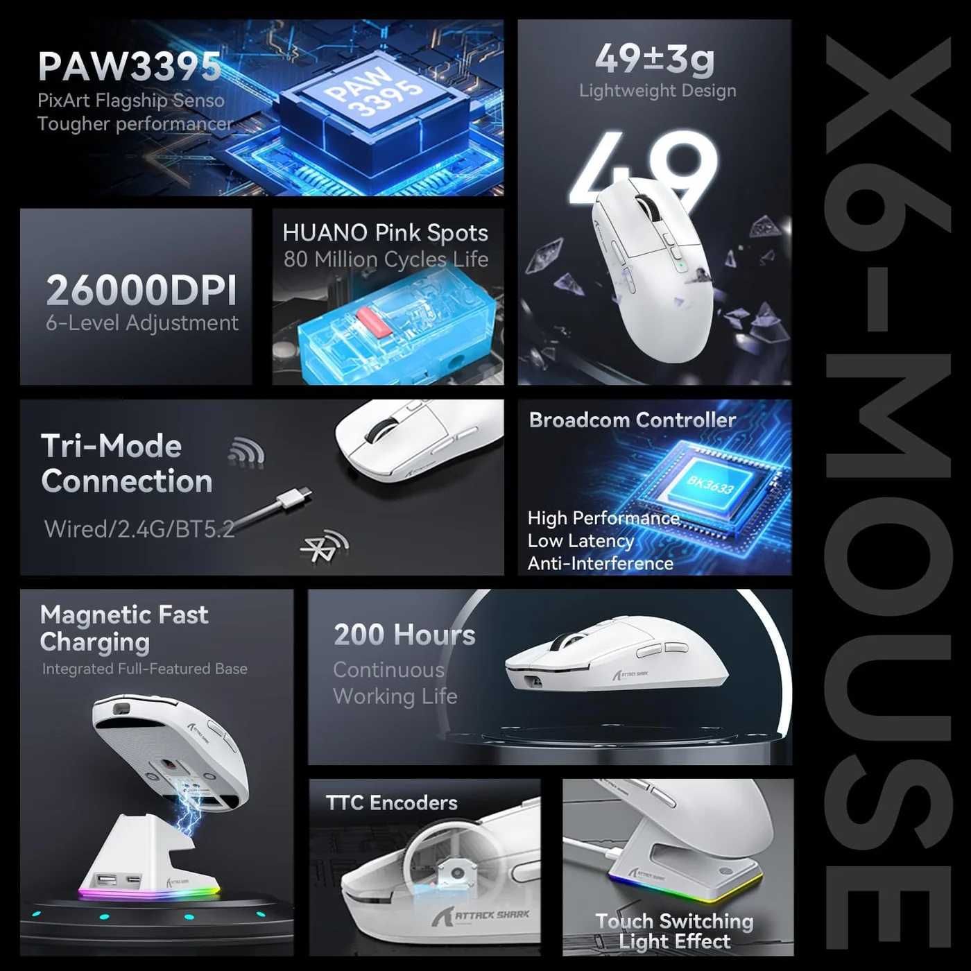 Игровая мышь Attack Shark X6 PAW3395 с зарядной базой Bluetooth Black