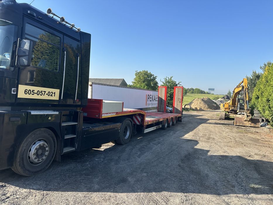 Transport wywrotka, naczepa niskopodwoziowa, uciąg, podczołgówka