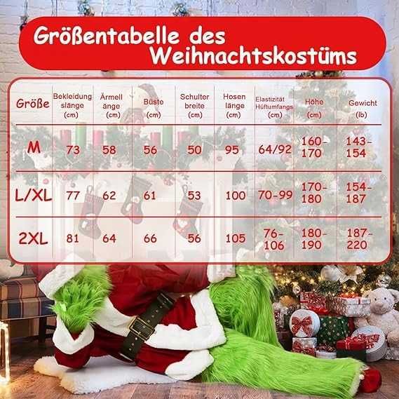 Kostium zielonego potwora Grinch – komplet na święta i cosplay, XL