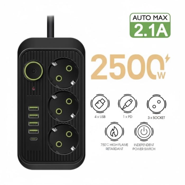 Мережевий фільтр живлення UA Power Socket F09U на 6 метрів 3 розетки