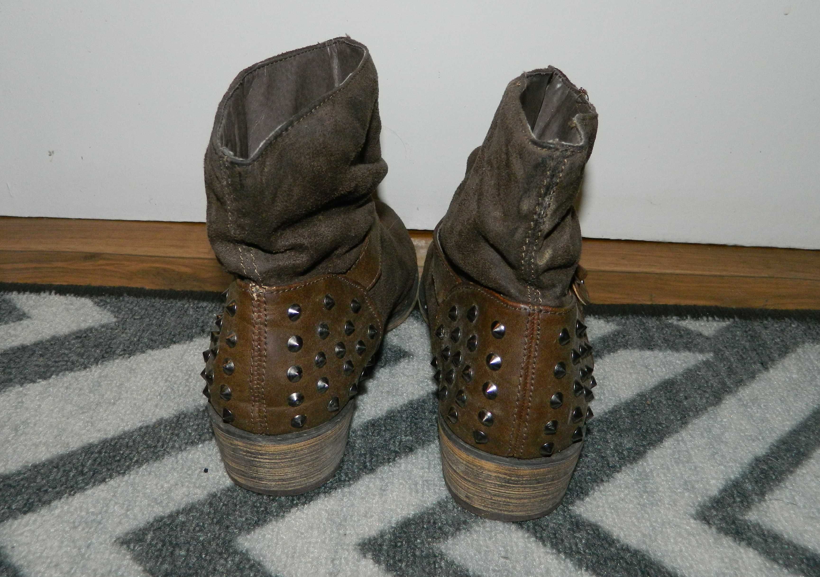 brązowe jesienne botki z ćwiekami workery worker boots new look